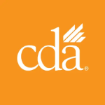 Orange square logo with "cda" in lowercase white letters. The "d" has three white diagonal lines above it, resembling stylized wings or stripes.