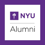 Square logo with a purple background featuring the NYU torch symbol and the words "NYU Alumni" written below it.